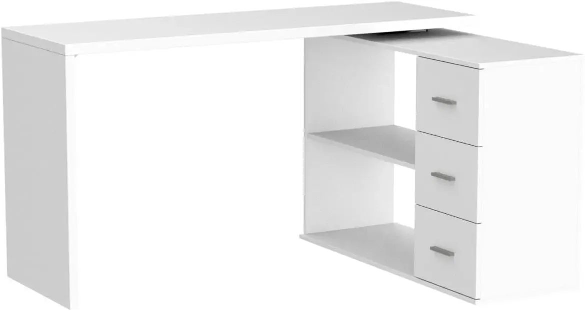 HSH White L Shaped Desk with Drawers Shelves, 360 Rotating L Shape Computer Desk with Storage Cabinet, Corner Home Office