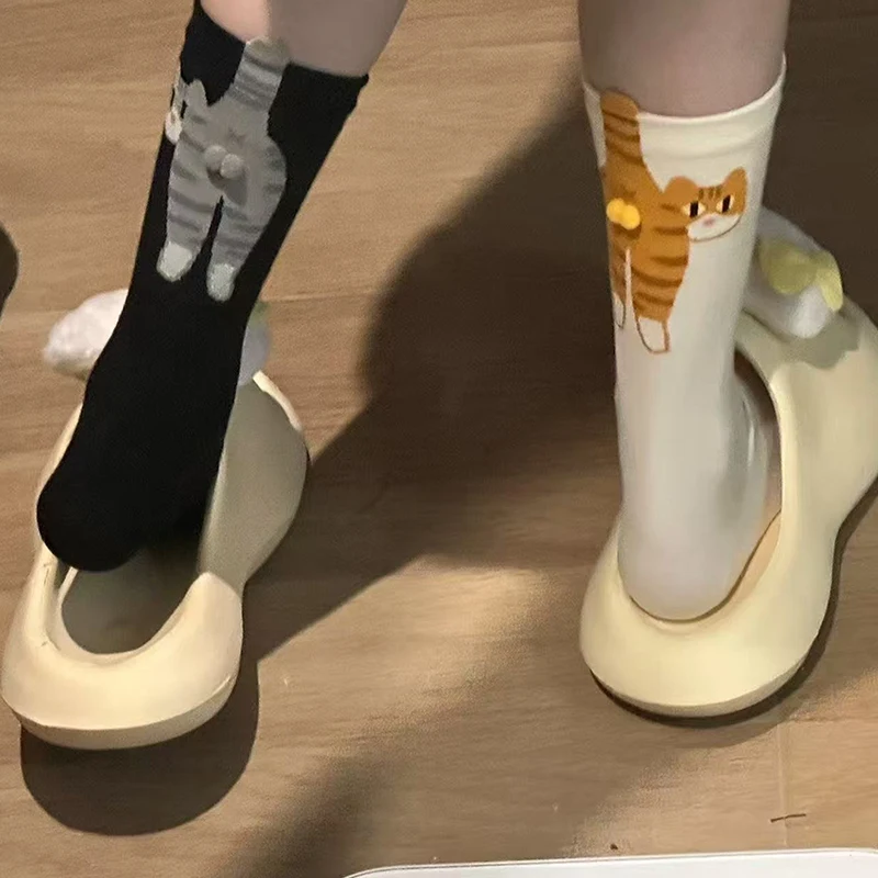 1/3pairs المرأة الكرتون القط دينغ جرس الكرة الجوارب للنساء الصيف Ins القطن لطيف اليابانية مضحك الرياضة منتصف جوارب أنبوبية 36-42 #1
