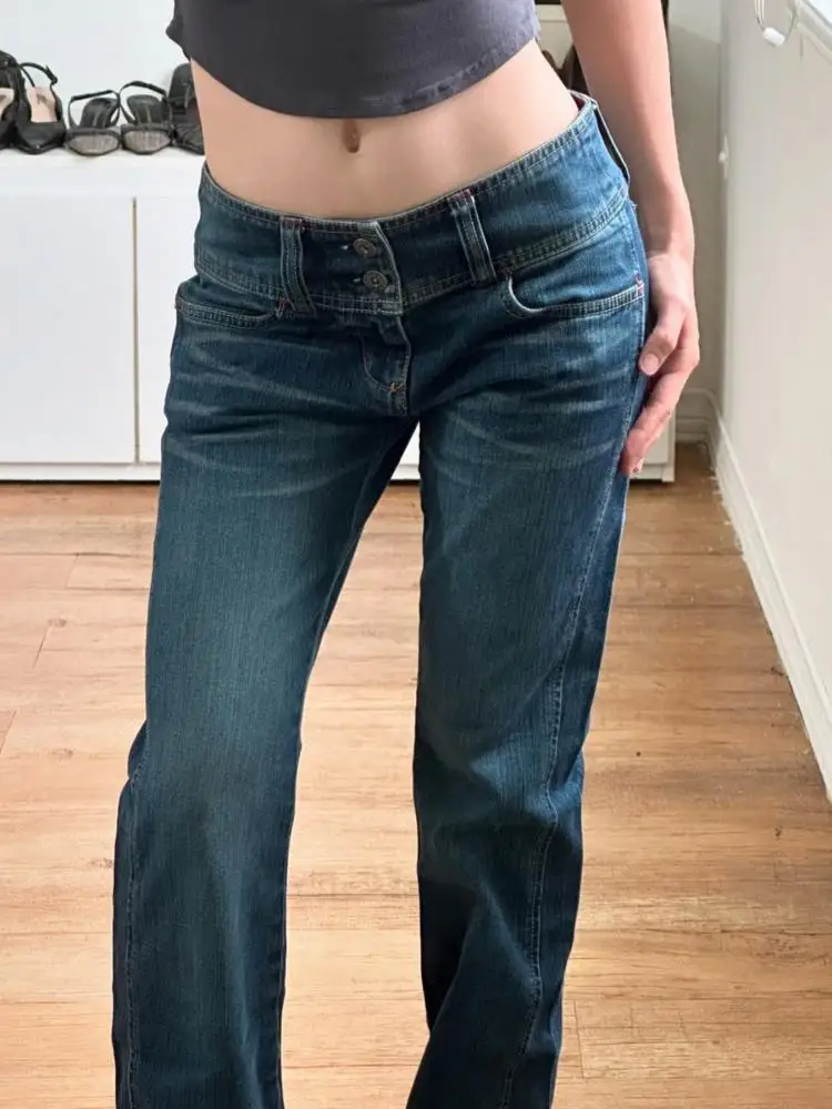 

Женские винтажные джинсовые брюки 90-х годов Y2K Эстетические мешковатые джинсы с низкой посадкой и прямыми штанинами на пуговицах Свободные брюки для уличной одежды