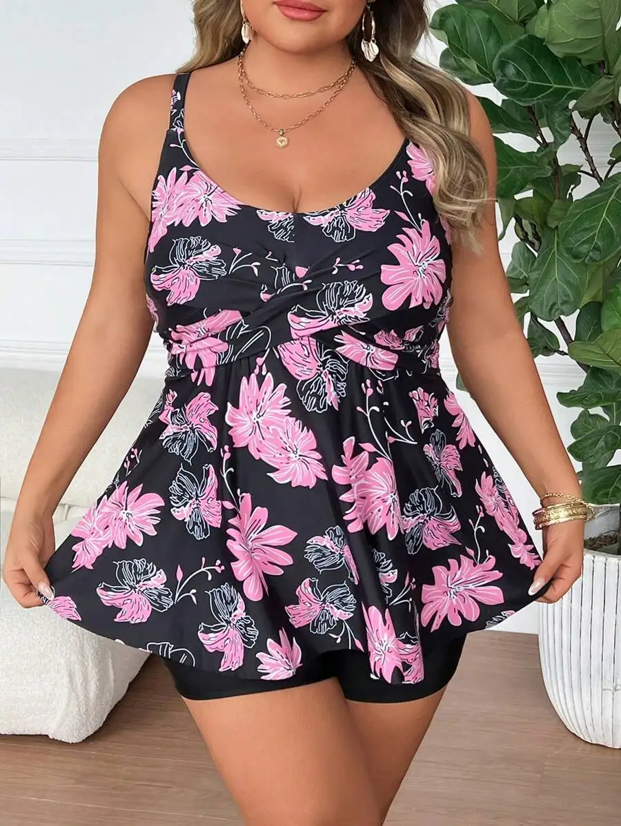 

Plus Size Women Tropical Floral Print Criss-Cross Bust Two-Piece Swimsuit With Skirt Summer Beach