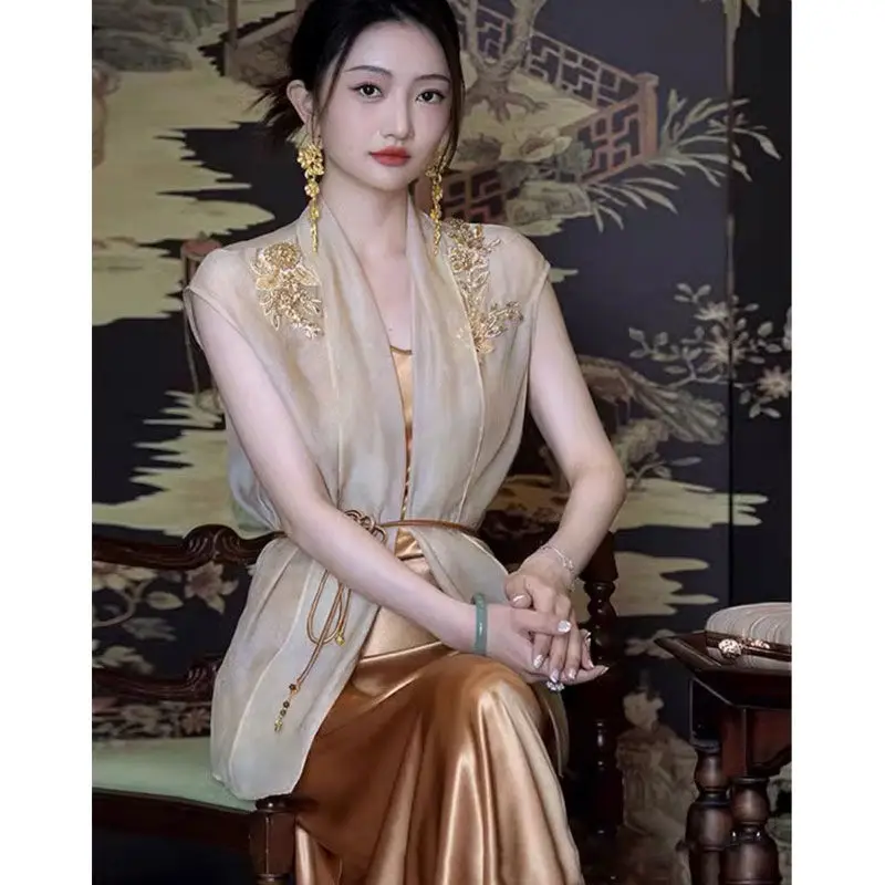 

2025 Trendy Chinese Style Outfit Women's Summer Set Gold Sheer Shirt Silk Slip Dress 2 Piece Elegant Sun Protection Suit
