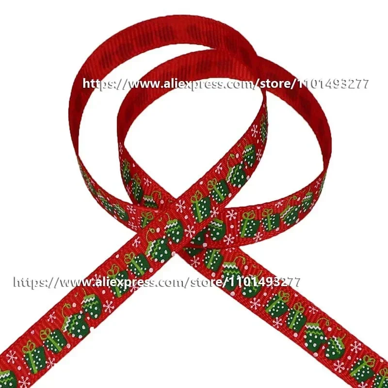 20 Yards Roll 10mm Christmas Ribbon Printed Grosgrain Polyester Ribbons For Gift Wrapping Christmas Decoration DIY Hair Bows