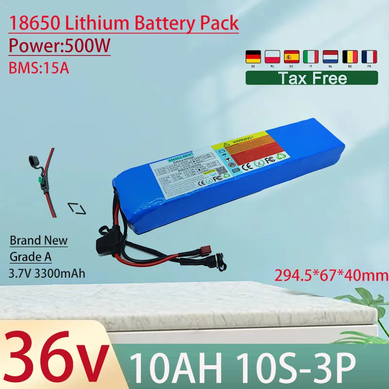 

36V 10Ah 18650 10S3P Lithium Ion Battery Pack 500W Power Tool Batteries Outdoor Backup Batteries With 15A BMS+42V 2A charger