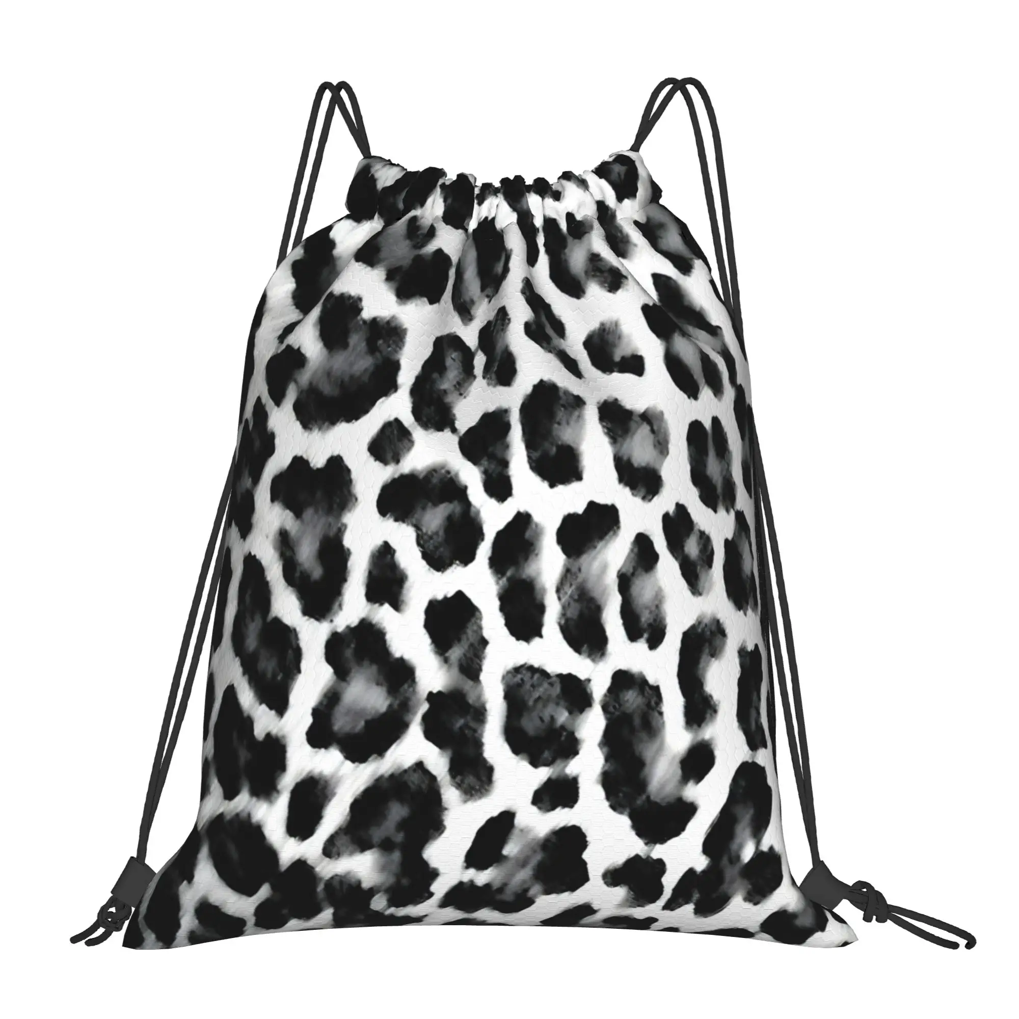 Black & White Leopard Print Leopard Print Portable Hiking Drawstring Backpack Riding Backpack Gym Shoes Drawstring Bags