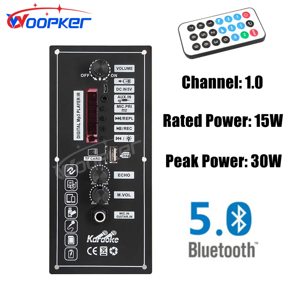 Woopker-A803 Placa Amplificadora de Potência, Bateria 3.7V, Suporte AMP, Bluetooth 5.0, Cartão TF AUX, Entrada de Microfone em U para 4 Ohm,