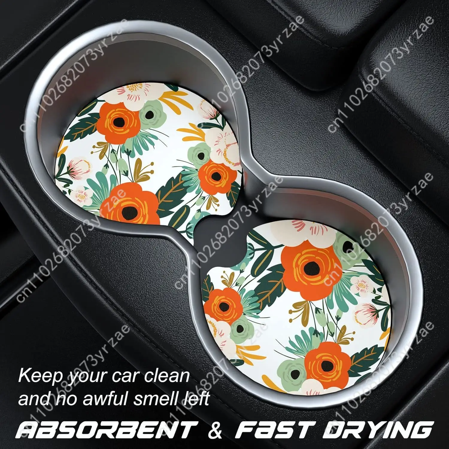 

Floral pattern Car Coasters 2pcs Absorbent Anti Slip Car Coasters Scalding Waterproof Easy Clean Car Interior Accessories