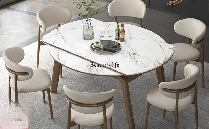 

FG10Retractable microcrystalline stone dining table solid wood square and round dual-purpose marble variable round table