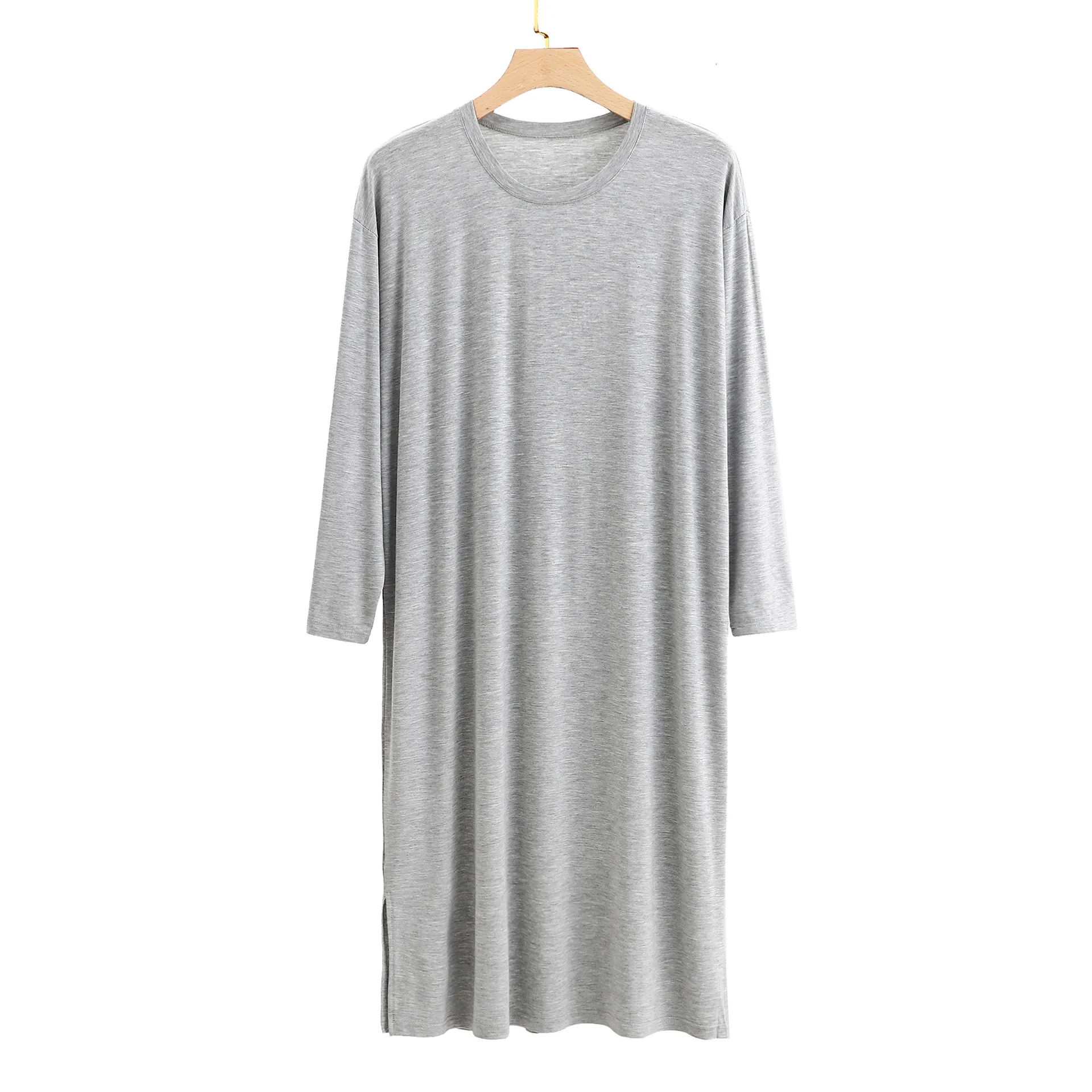 Modal Men's Round Neck Long Sleeve Nightgown Sleepwear Clothes Mid-long Knee Length Soft and Comfortable Nightwear Dresses