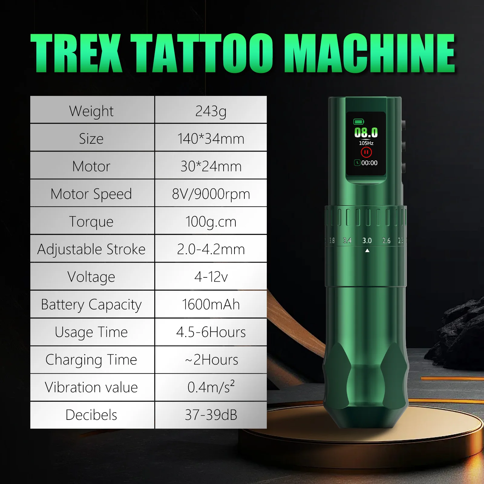 T‑Rex Wireless Rotary Tattoo Pen 2.0‑4.2mm Adjustable Stroke Dot Work Function LED Display Tattoo Machine for Tattoo Artists