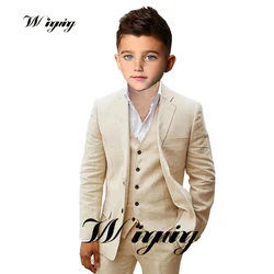 Beige Boys Suit Jacket Pant Vest Linen Suit Kids Wedding Tuxedo Formal Teen Blazer 3 Piece Tailored Clothes