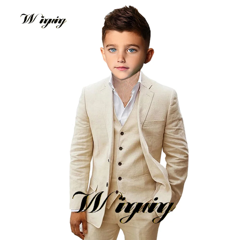 Beige Boys Suit Jacket Pant Vest Linen Suit Kids Wedding Tuxedo Formal Teen Blazer 3 Piece Tailored Clothes