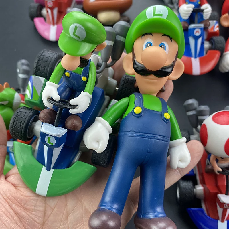 Super mario bros dos desenhos animados bonecas modelo anime figuras luigi yoshi mario puxar para trás carro modelo colecionável brinquedos para crianças presente de aniversário