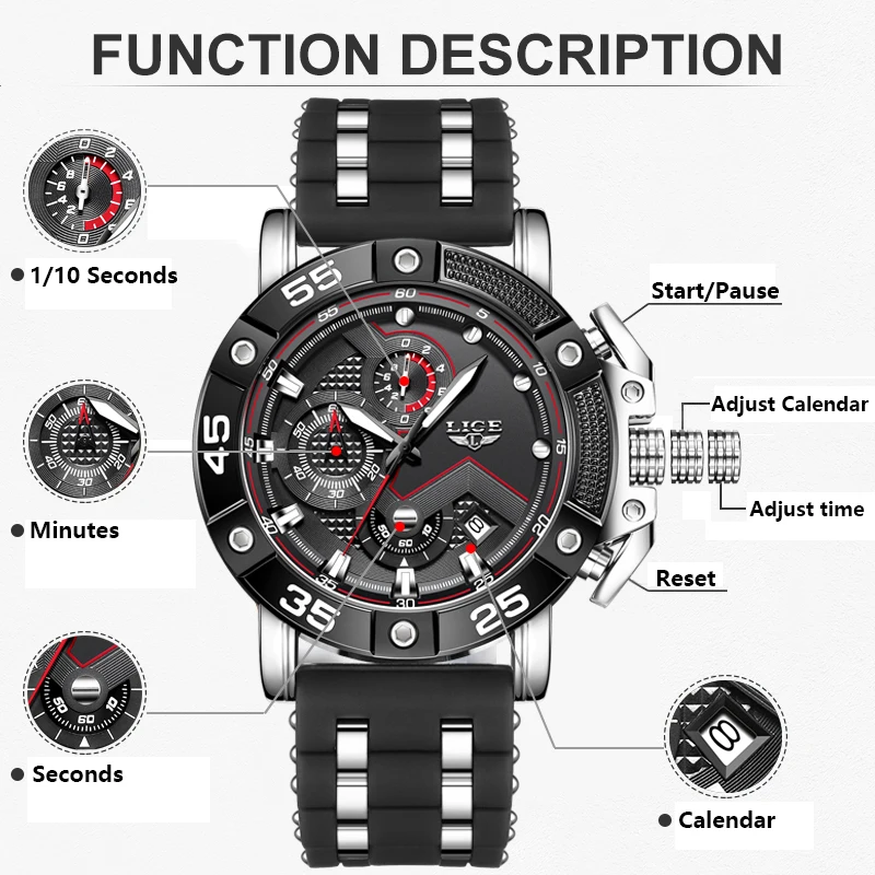 LIGE Black Silicone Watch For Men Fashion Business Men Watch Casual Military Sports Waterproof Quartz Chronograph Reloj Hombre