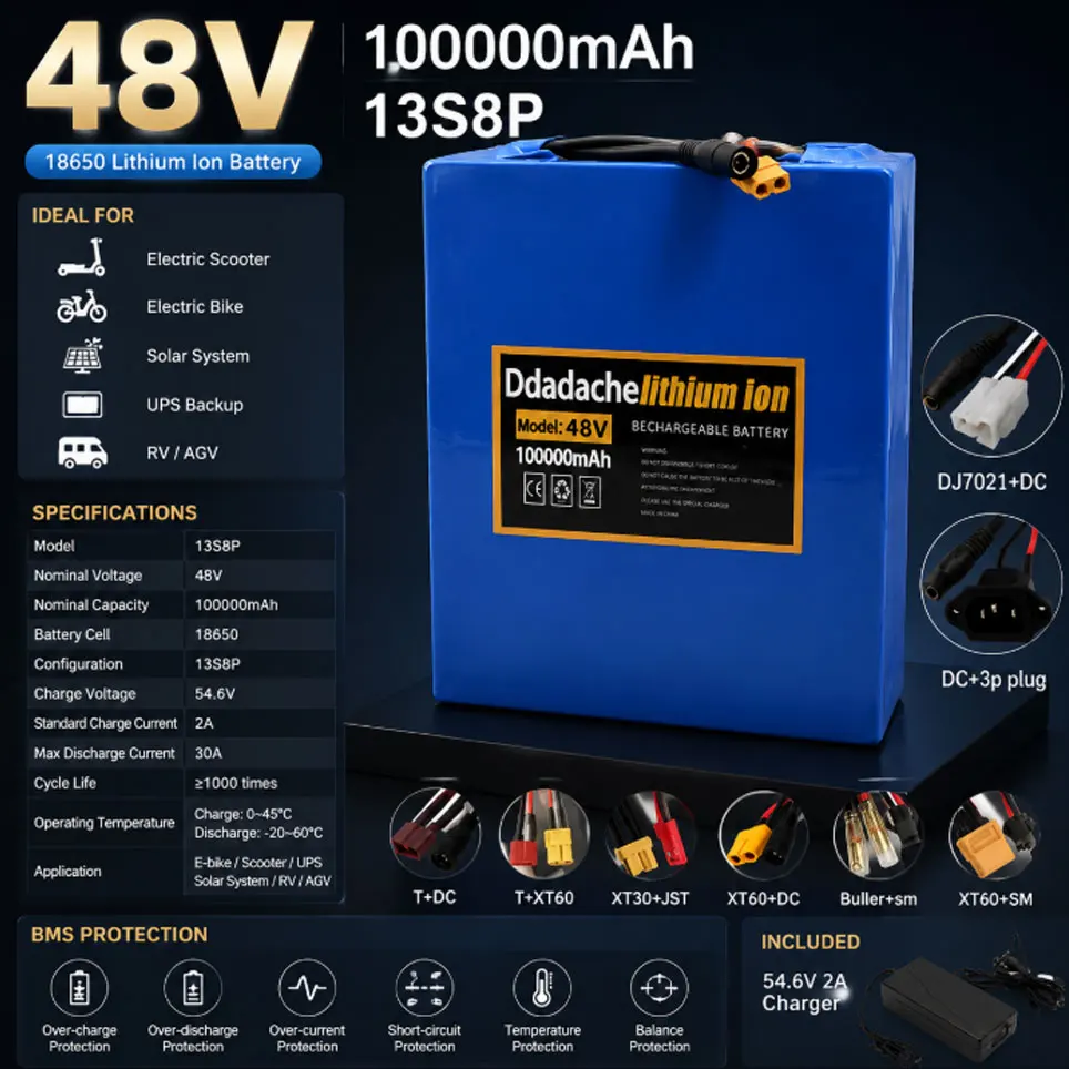 13S8P 48V 100Ah Lithium-Akku 100000mAh 2000W E-Bike-Akku mit integriertem 50A BMS und 54,6V Ladegerät, Versand aus Polen