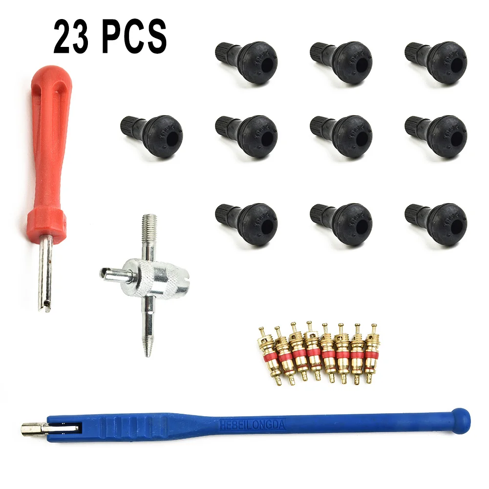 Valve Core and Stem Set 23pcs Kit with Core Remover, Stem Puller, 4 Way Tool Brass, Natural Rubber, Nylon, Heat Treated Iron