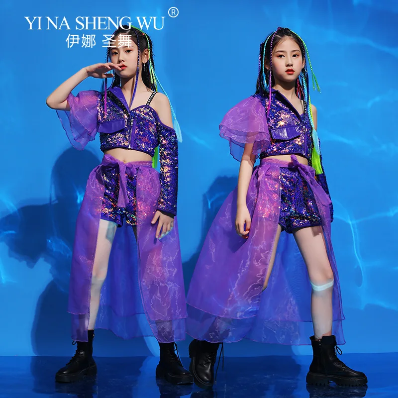 أزياء الفتيات المشي تظهر ملابس الأطفال الجاز الرقص أداء دعوى الهيب هوب الرقص الحديث الزي الأرجواني الترتر بلوزات وسراويل