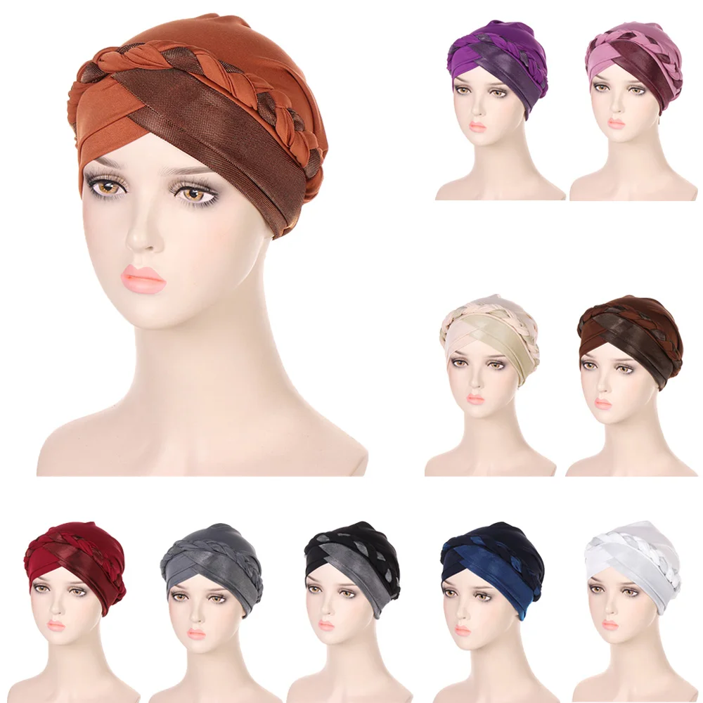 

Indian Turban Women Muslim Inner Hijab Chemo Cap Cross Beanies Bonnet Hat Glitter Headwear Head Wrap Scarf Stretch Hair Loss Cap