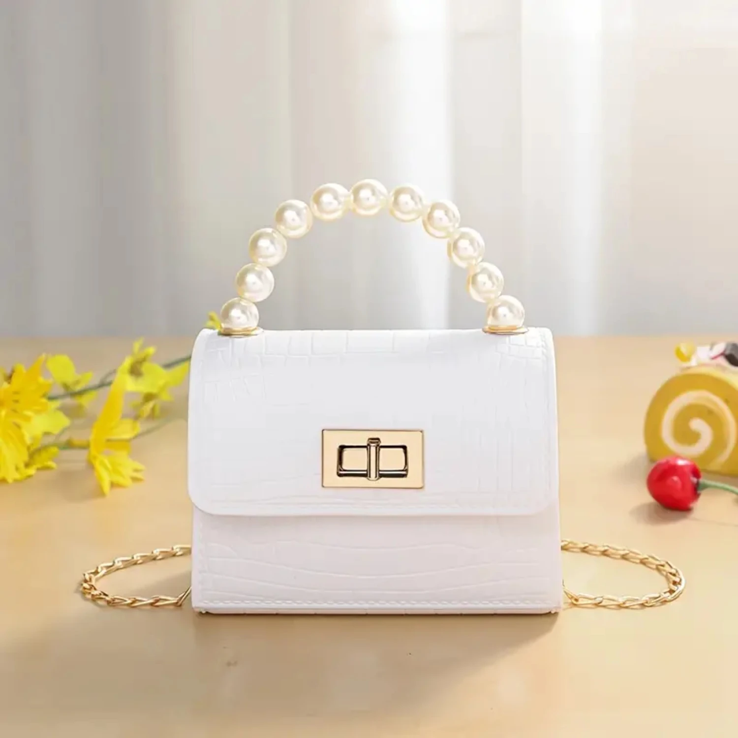 

Croc Embossed Flap Shoulder Bag, Faux Pearl Handle Turn Lock Tote Bag, Women's PVC Mini Handbag