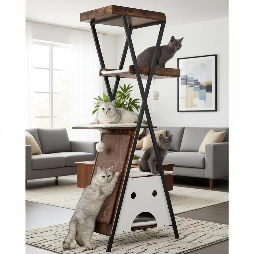 

Деревянный кошачий дерево-башня для домашних кошек, для взрослых, высотой 67 дюймов, многоуровневый, сверхпрочный, с лежанками, дуплами, перчами и когтодергателями