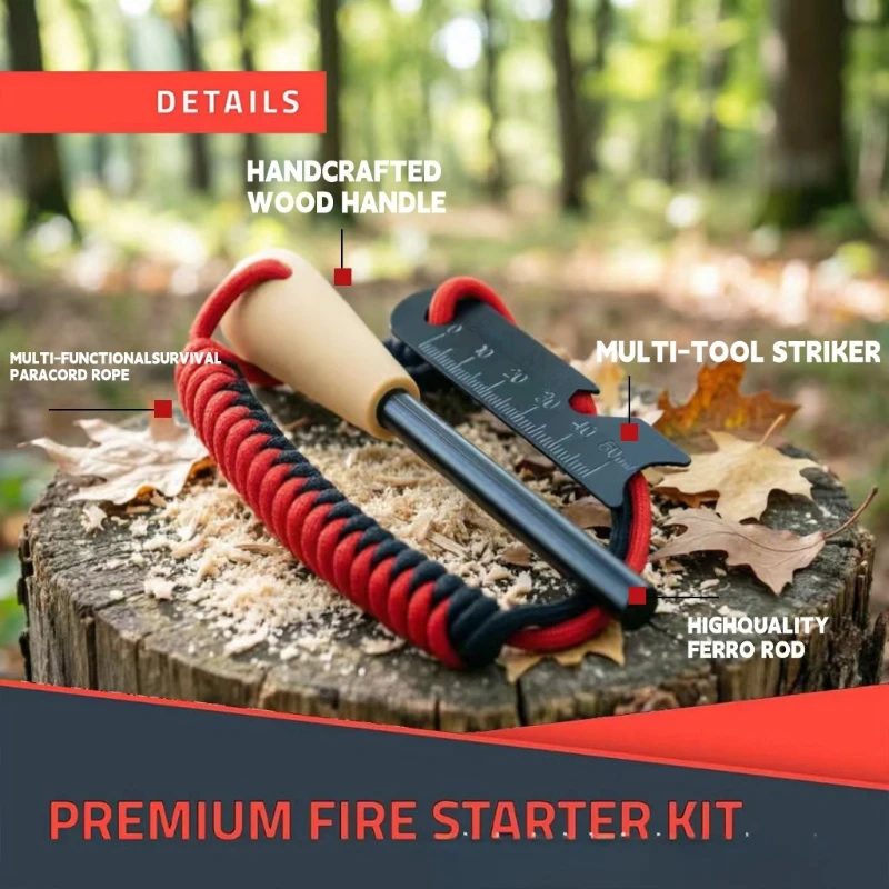 Outdoor Multifunctional Bottle Opener, Scraper, Paracord, Braided Fire Stick, Waterproof Wooden Handle, Flint Stone
