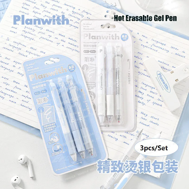 

Planwith 3PCS/set School Acsesories Erasable Gel Pen Stationery Student Pen Side Press 0.5mm Crystal Blue Ink Writing Supplies