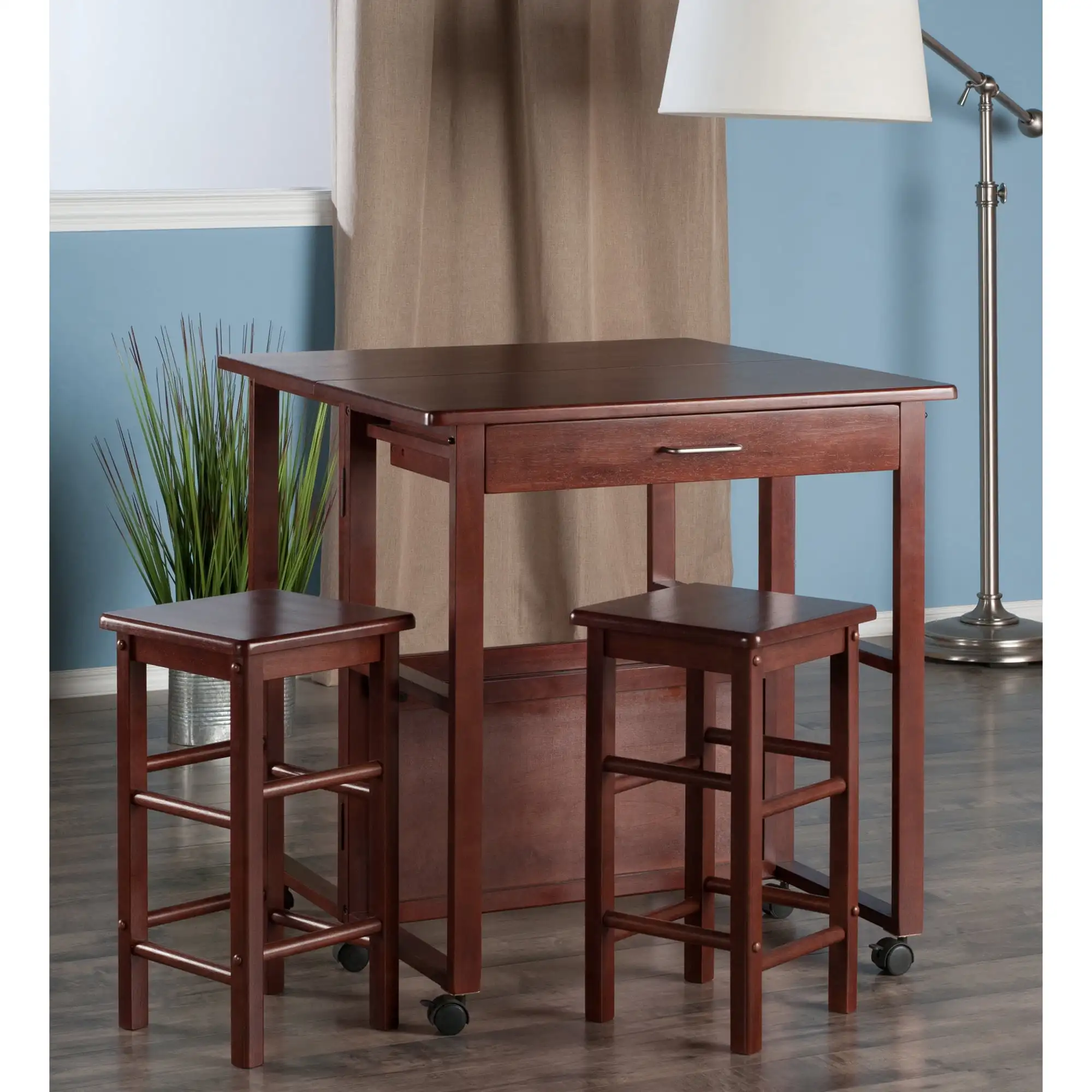 3-Pc Space Saver Bar Table and Chairs Set, Walnut Finish Pub Table Set w/ 2 Stools