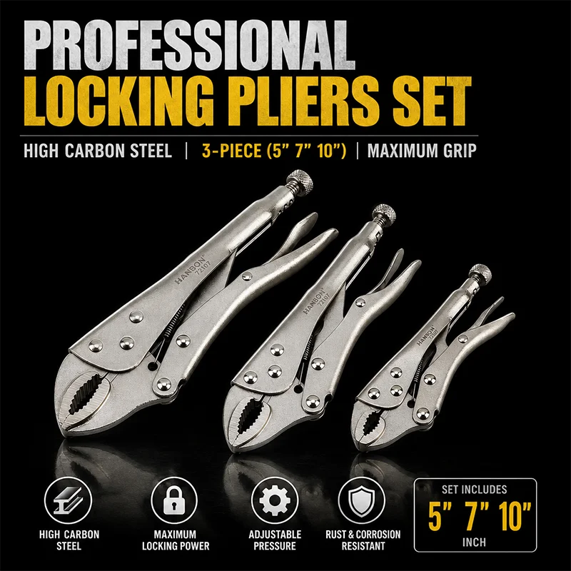 3Pcs Locking Pliers Set 5 7 10 Inch Chrome Plated, Heavy Duty Multifunctional Clamp Plier Hand Tool Kit for Welding Repair