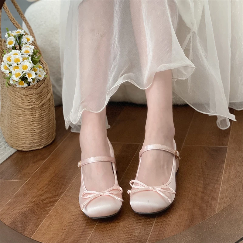 New Spring Autumn Thick Heel Pink Shoes Elegant Bow Lolita Shoes College Girls High Heels Fashion Women Sandals