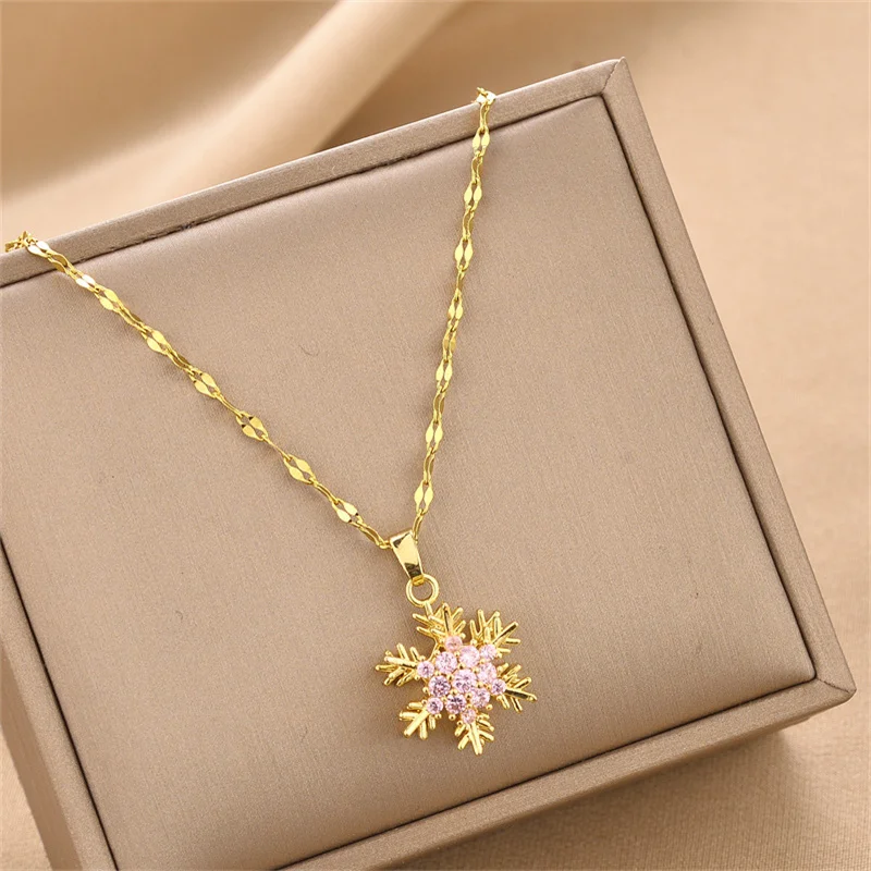 Unique Titanium Steel Necklace with Rotating Snowflake Pendant Collarbone Chain with Sparkling Zircon Stone for Women