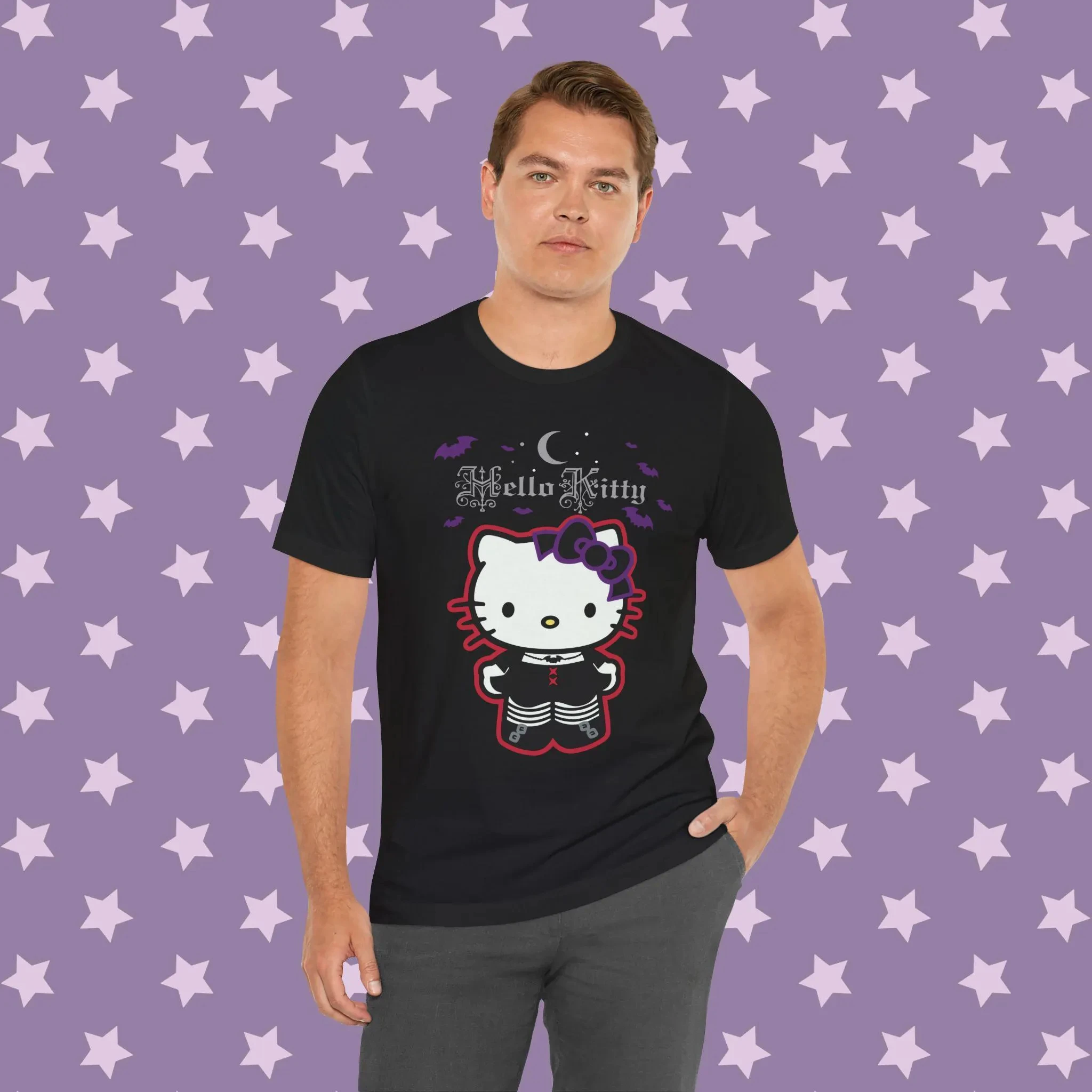 Goth Happy Halloween Tee - Hello Kitty and Bats Shirt - Sanrio Trick or Treat Holiday Tshirt