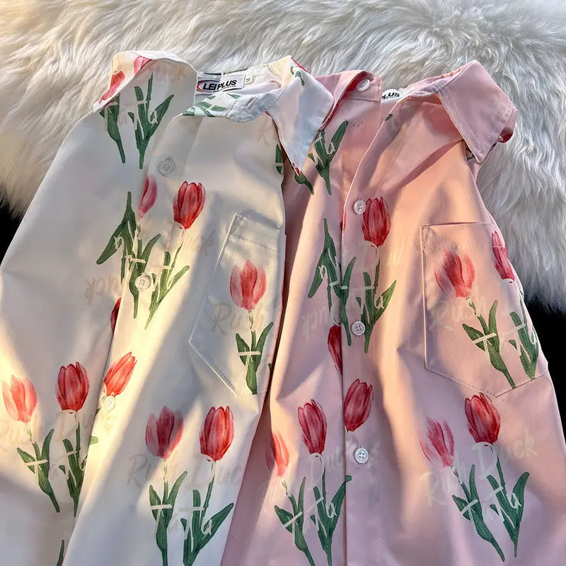 France Romantic Pink Flower Floral Button Up Shirt Loose Casual White Elegant Ladies Blouses Tops Summer Kawaii Hawaii Beach Tee