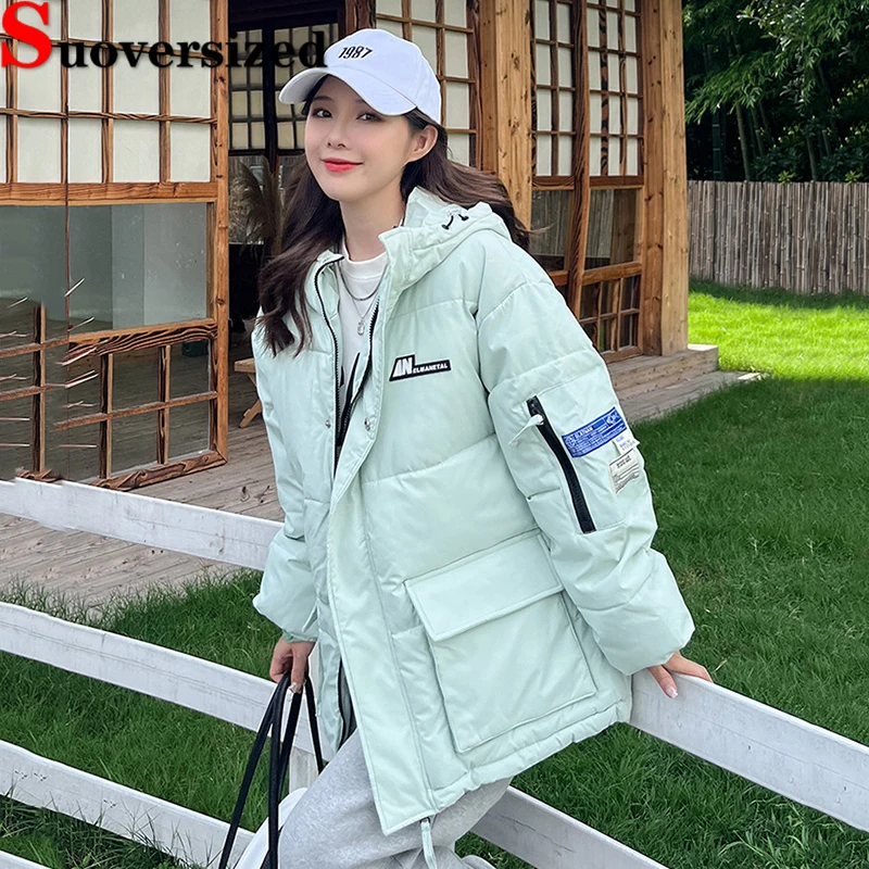 

Korean Winter Hooded Parkas Oversized 80kg Down Cotton Coats Puffy Fashion Women's Jackets Thicken Snow Wear Loose Chaquetas