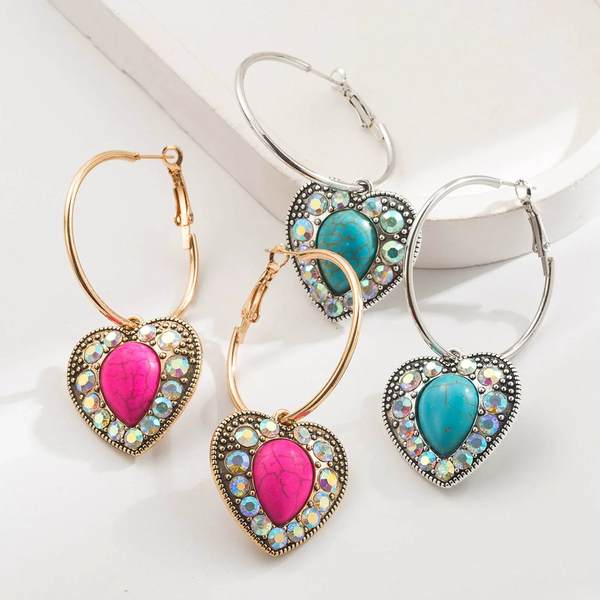 Pendientes de Cristal con Piedras en Forma de Gota, Color Verde Fucsia y Dorado, para Mujer, Elegantes, Casuales, para Vacaciones, Joyería Fucsia