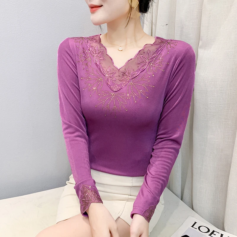 2025,New,Spring,European,Clothes,Mesh,T-Shirt,Fashion,Sexy,V-Neck,Patchwork,Lace,Diamonds,Women,Tops,Bottoming Shirt,Tees,58034