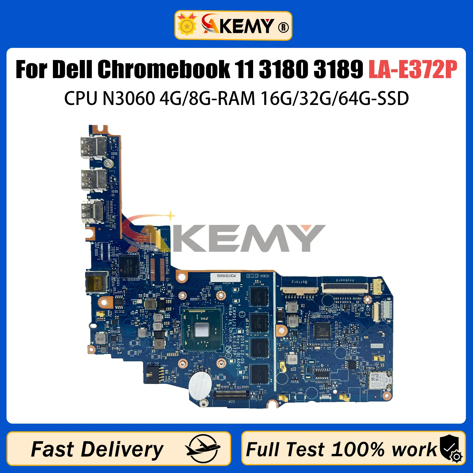 LA-E372P Notebook Mainboard For Dell Chromebook 11 3180 3189 Laptop Motherboard N3060 CPU 4G/8G-RAM 16G/32G/64G-SSD Tested OK