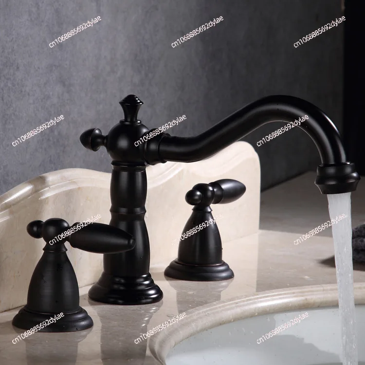 Black Antique Three-hole Basin Split Faucet Full Copper Black Antique Antique Bronze Split Three-piece Faucet