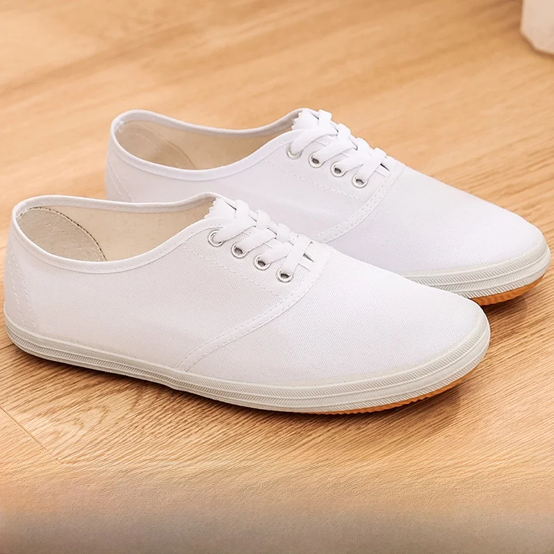 White Canvas Shoes Men's Martial Arts Gymnastics Performance Shoes Lightweight Flat Rubber Sole Low Cut Casual Footwear