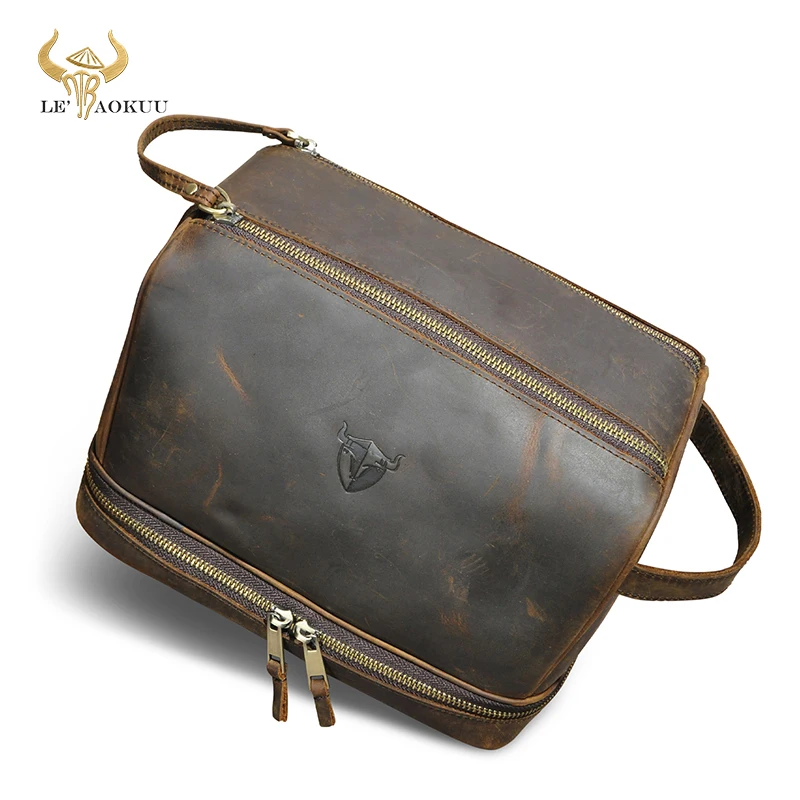 2024 Top Quality Crazy Horse Leather Handmade Travel Make Up Washroom Toiletry Bag for Men - Dopp Kit - Shaving Kit 774