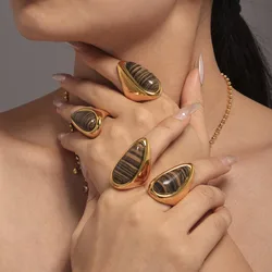Vintage Droplet Stainless Steel Rings With Natural Wood Grain Stone For Women 18K Gold Plated Water Proof Women's Finger Ring