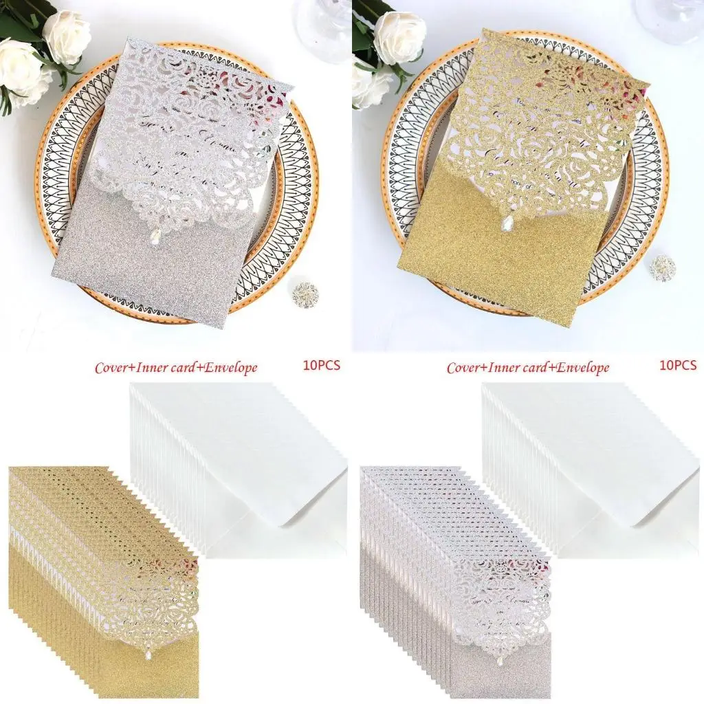 

Лазерная резка с блестками, 10 шт./компл., поздравительная открытка со стразами, комплект для свадебного душа, высокое качество