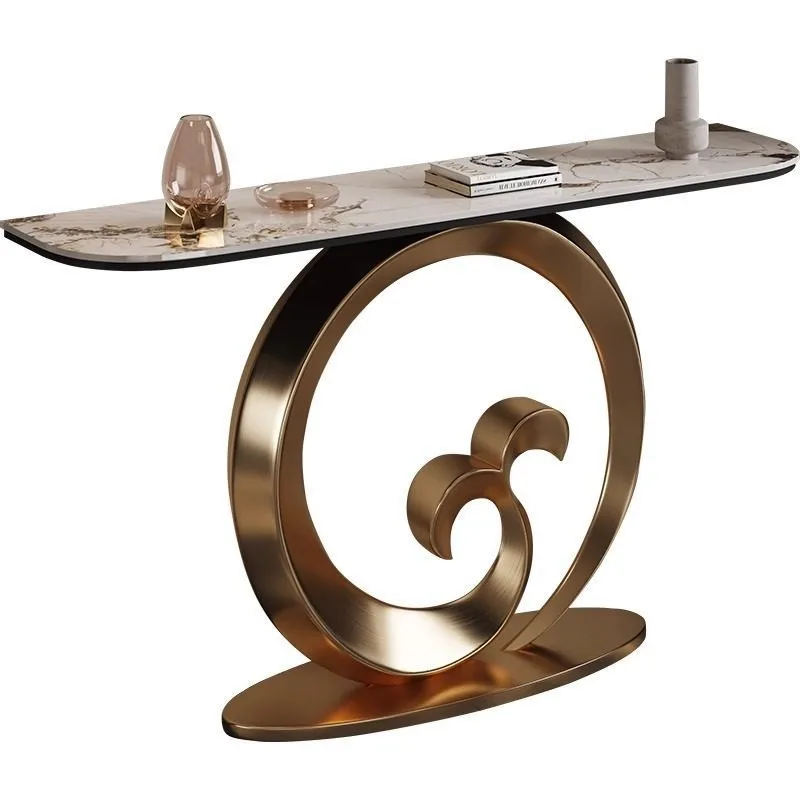 Italian light luxury high-end villa entry stainless steel rock slab entrance table, aisle foyer against the wall art end table