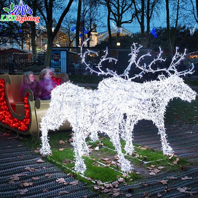 

Custom. White large outdoor 3D decoration father sleigh motif reindeer light