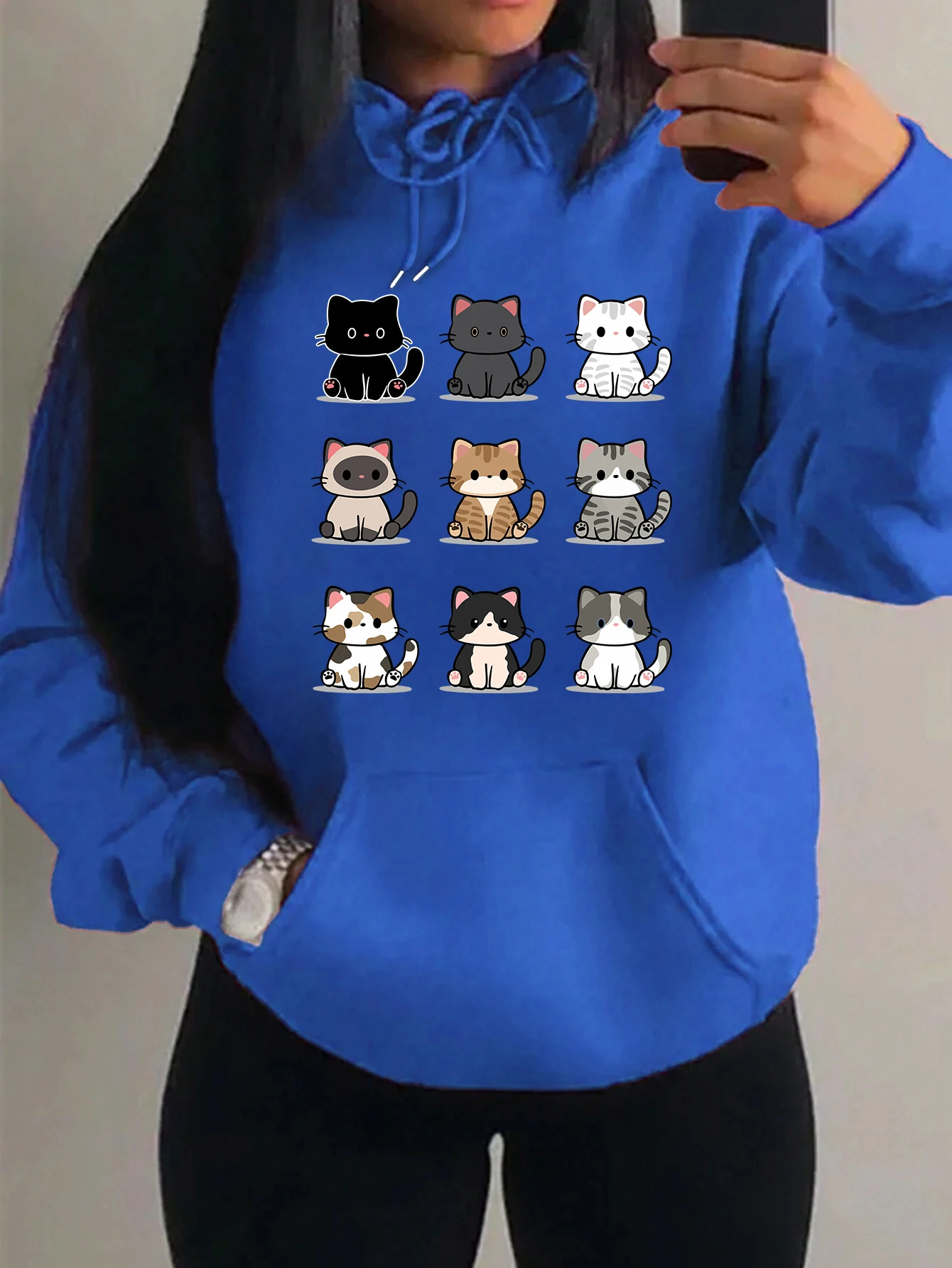 Cartoon Cute Cat Collection Prints Women Clothing Hip Hop Loose Streetwear Creativity Fleece Hoody Street Multicolor Hoodies