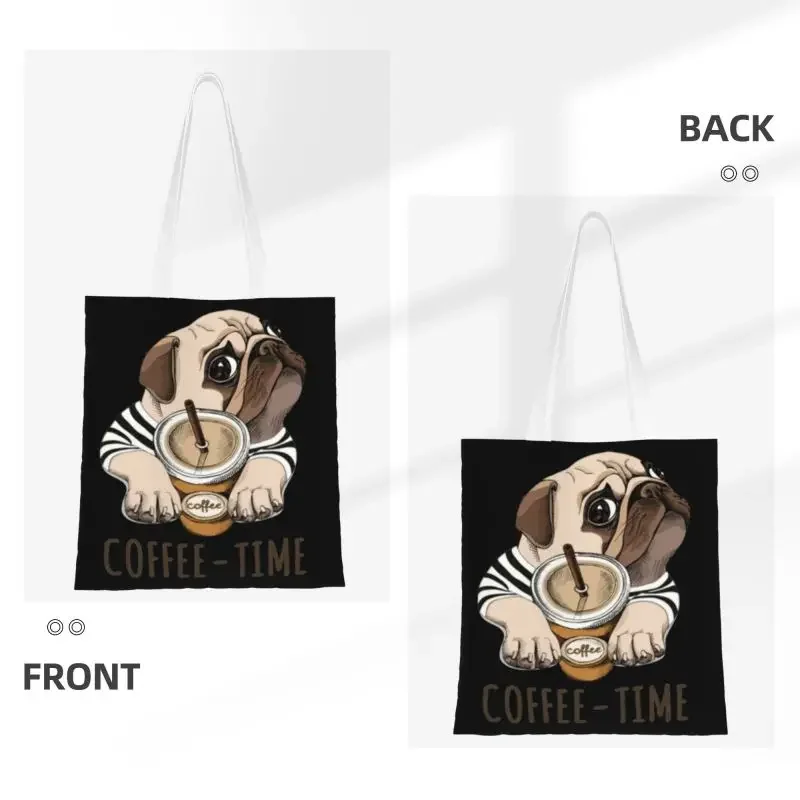 Reusable Coffee Time Pug Funny Dog Pet Shopping Bag Shoulder Canvas Tote Bag Durable Bulldog Lover Animals Grocery Shopper Bags