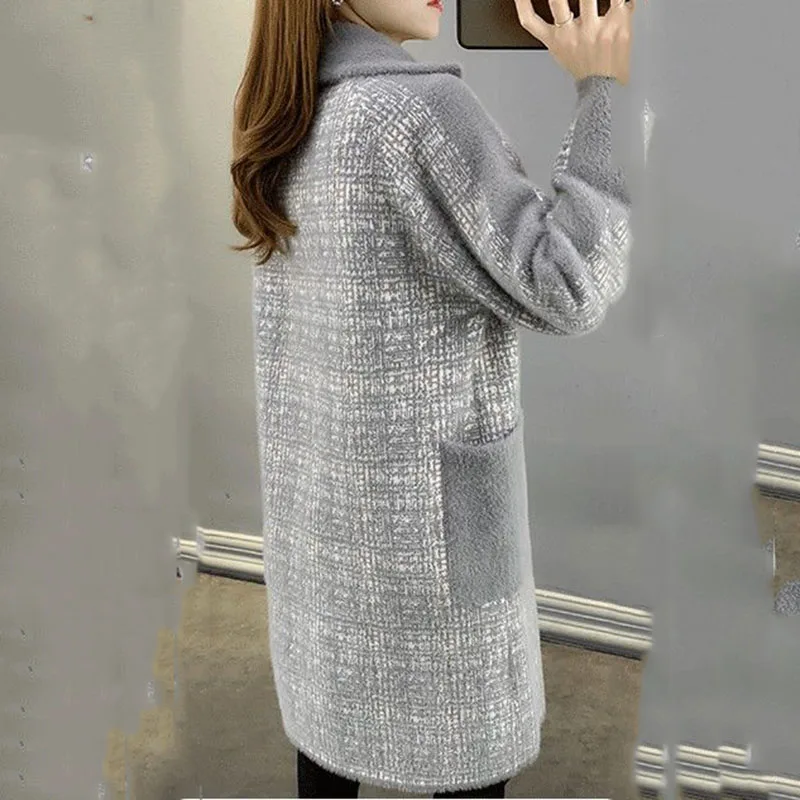 Imitation Mink Fleece Jacket Women’s Coat 2022 Autumn Winter New Mid Long thicken Warm Coat Suit Collar Leisure Coat Female Tops