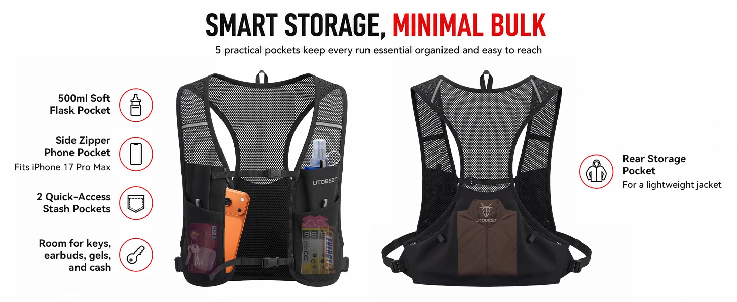 UTOBEST UTR112 Trailrunning-Weste, ultraleichter Trinkrucksack, atmungsaktiver Funktionsrucksack für Marathon, Radfahren, Wandern – Detail 3