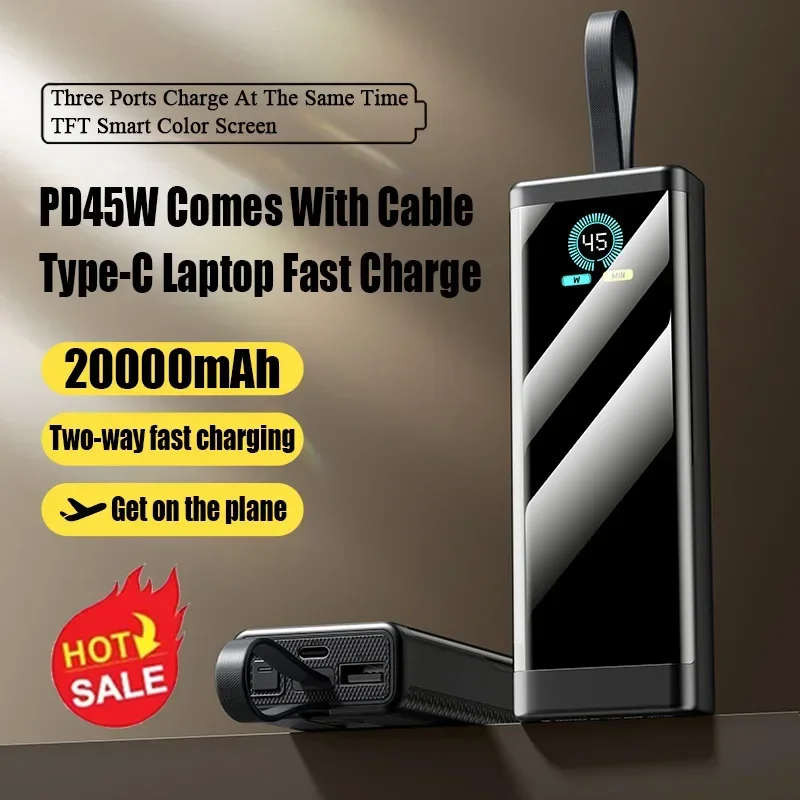 

New 20000mAh Large Capacity PD45W Portable Laptop Power Bank with Cable TType-C Super Fast Charging for Xiaomi IPhone Huawei