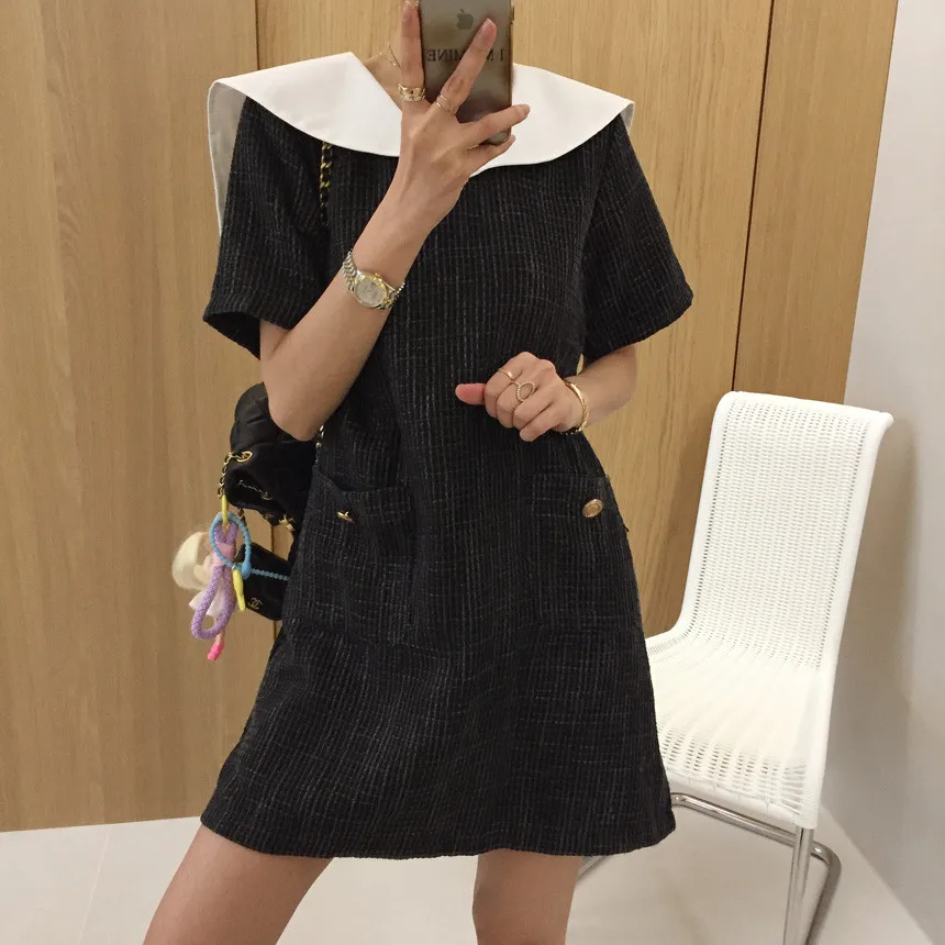 

Summer Korean Vintage Casual Dress Women's Sailor Collar Short Sleeve Solid Color Loose Dress Chic High Street Mini Party Dress
