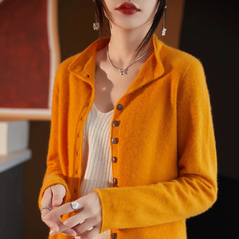 Women's Long Sleeved Solid Color Button Up Australian 100% Wool Knitted Cardigan Autumn And Winter French Fashion Knitted Jacket