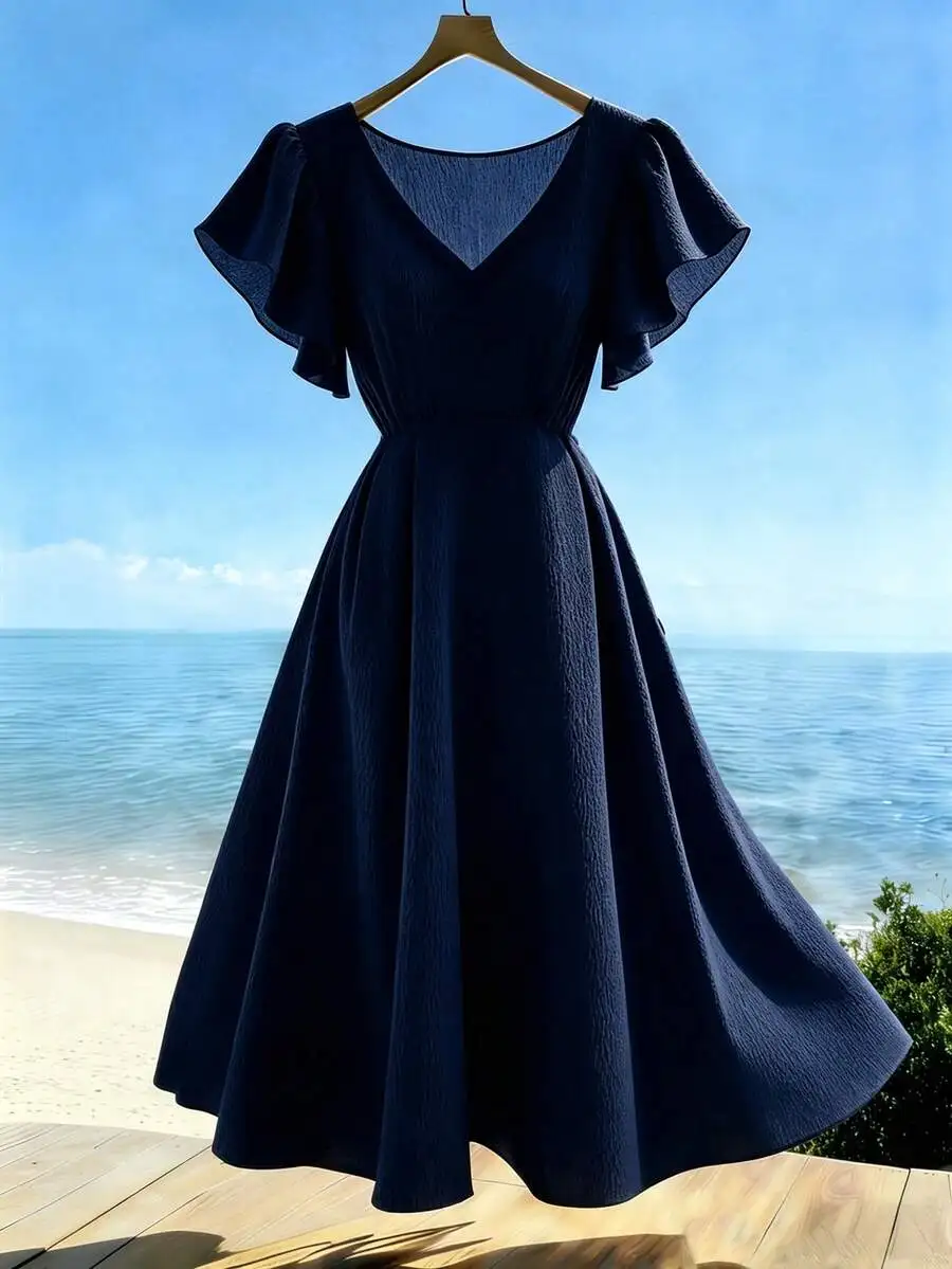 

Women V-Neck Ruffle Sleeve Cinched Waist Pleated Flare Dress Casual Vacation Style Blue Summer